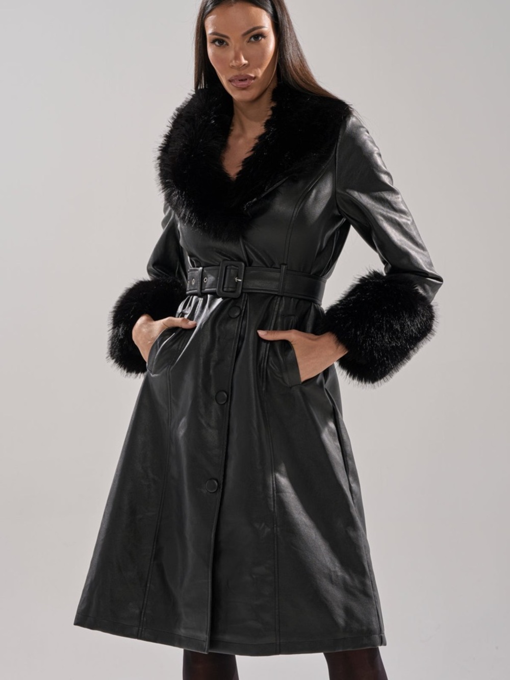 AKIRA Black Faux Leather Trench Coat with Fur Trim